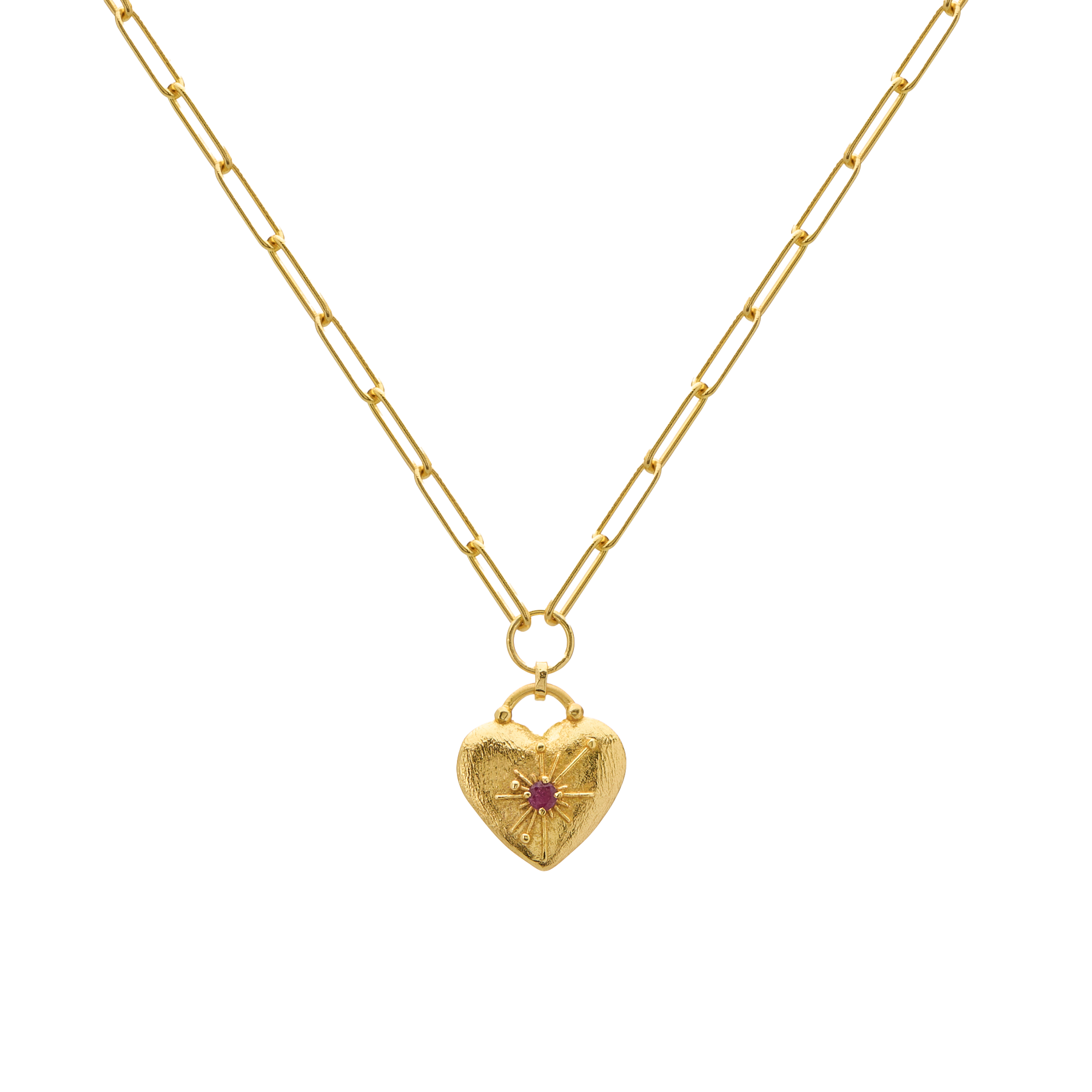 Gold heart-shaped necklace with a central gemstone on a white background